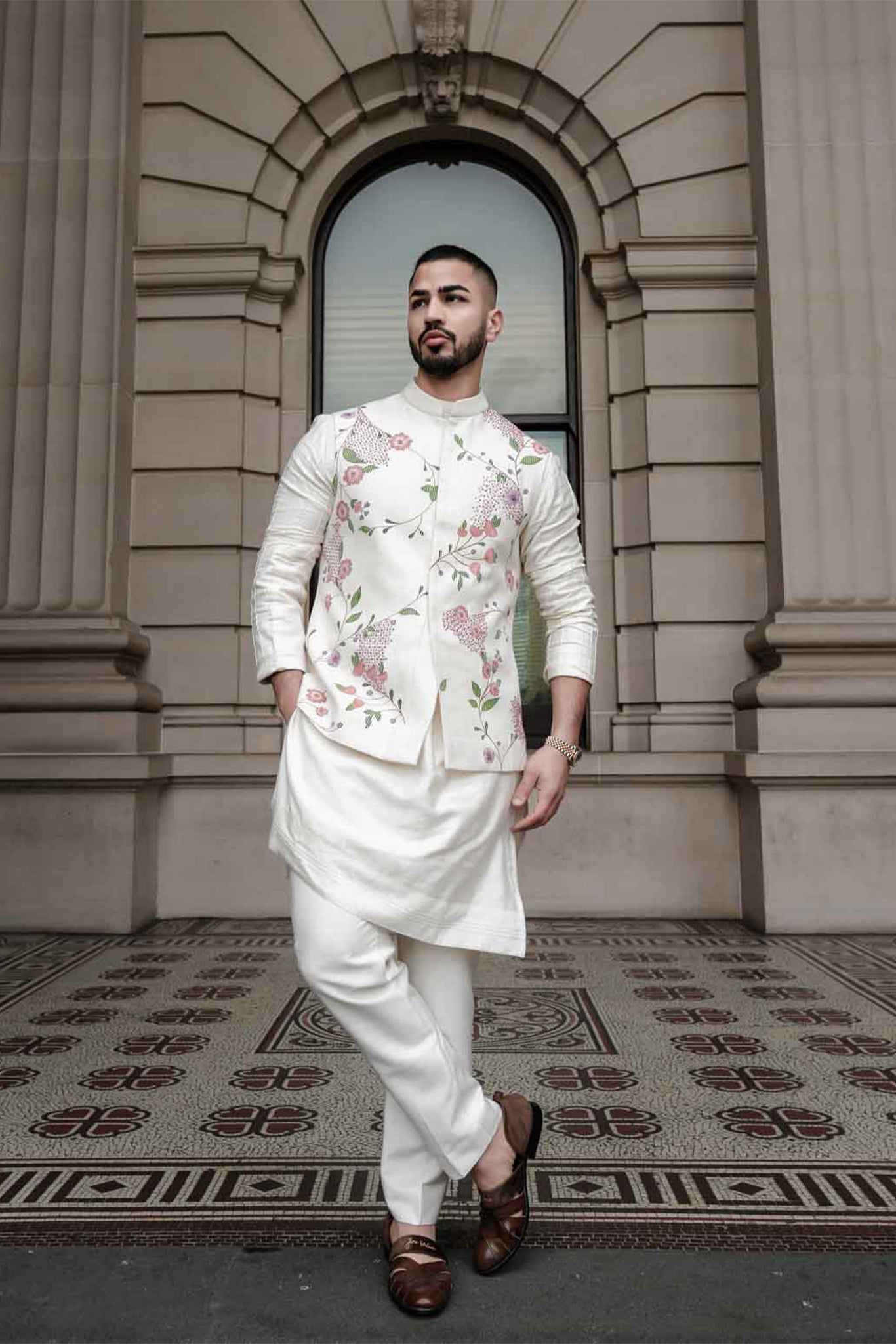 Porcelain Petals Nehru Jacket Set