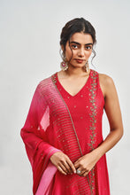 Load image into Gallery viewer, CRIMSON RED KALIDAAR WITH CRIMSON RED X ROSE PINK SHADED DUPATTA
