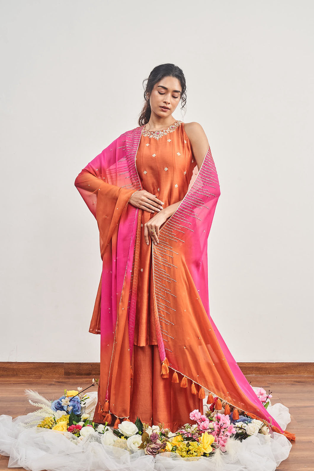 BURNT ORANGE KALIDAAR WITH BURNT ORANGE X HOT PINK SHADED DUPATTA