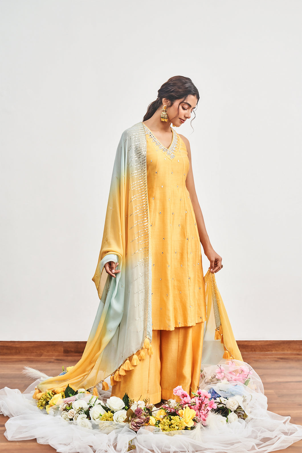 MUSTARD YELLOW KALIDAAR WITH MUSTARD YELLOW X TURQUOISE SHADED DUPATTA