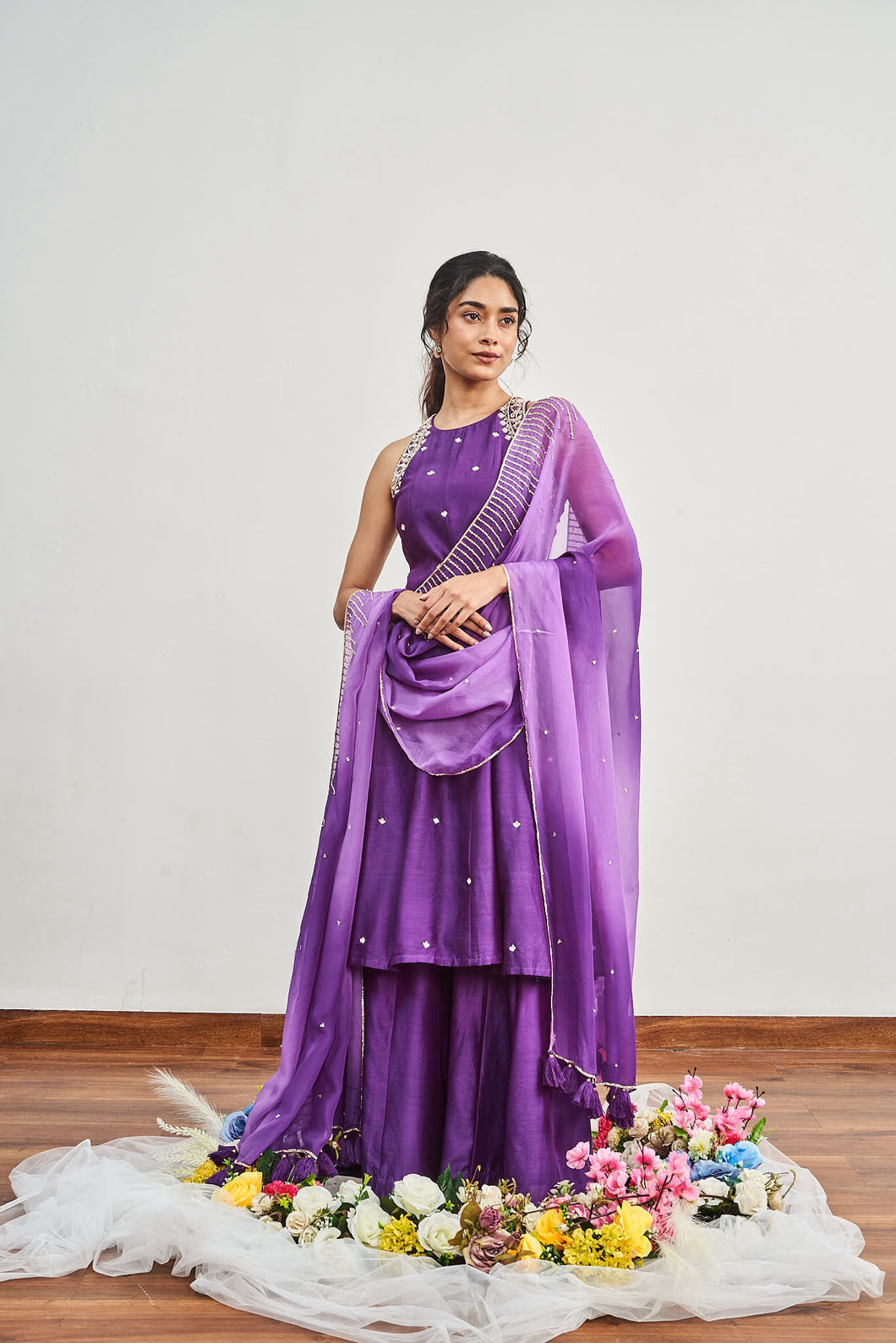 PURPLE KALIDAAR WITH PURPLE X DIRTY LILLAC SHADED DUPATTA