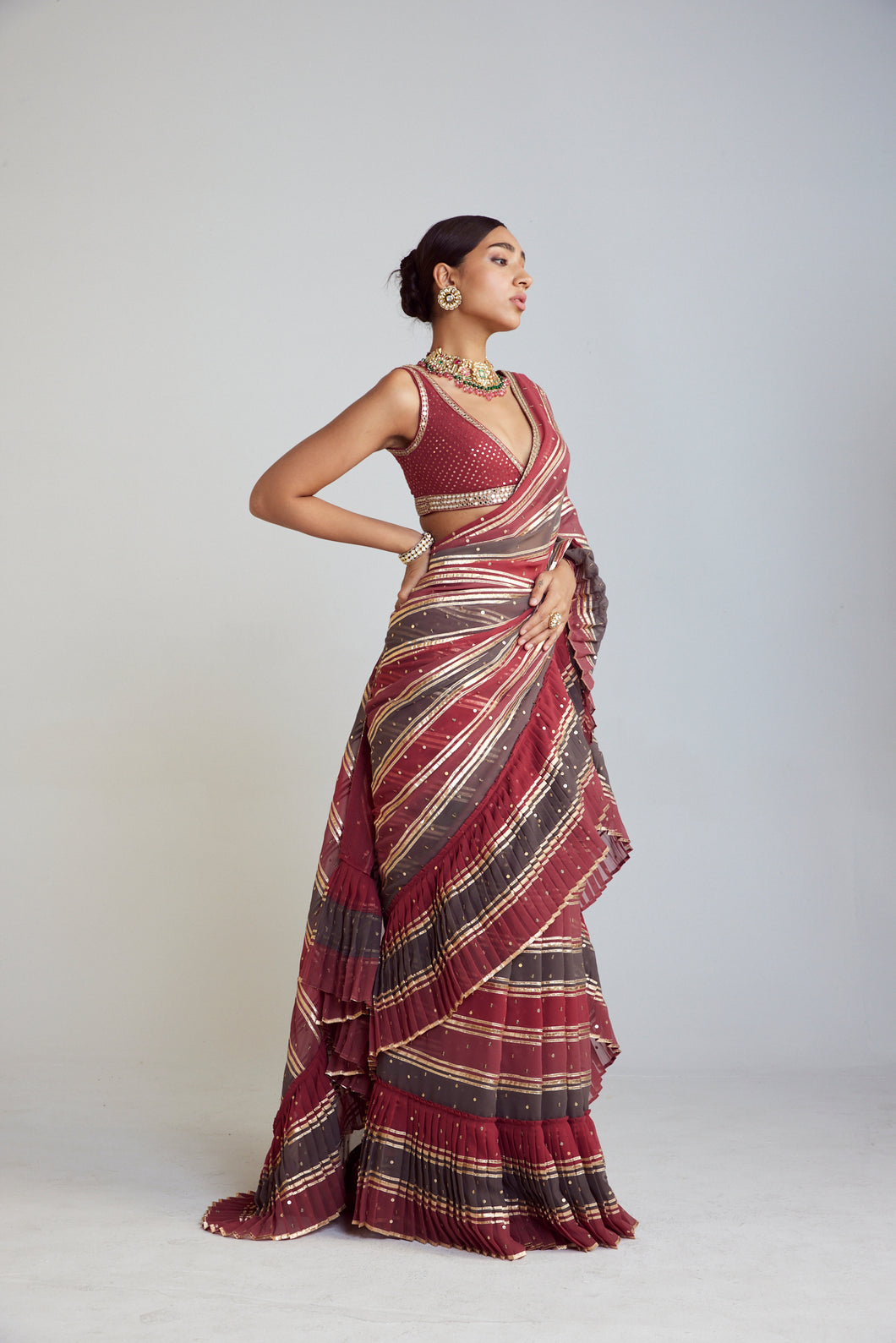 Pre Draped Charcoal Grey Multicolor Saree Set