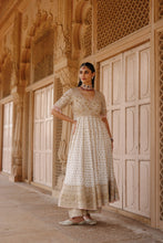 Load image into Gallery viewer, Nafees - Daisy Ivory Kalidaar Anarkali Set with Palazzo &amp; Dupatta
