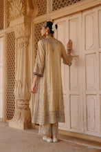 Load image into Gallery viewer, Nazaara - Gold Tissue Long Kalidaar Chauga Set with Palazzo &amp; Dupatta
