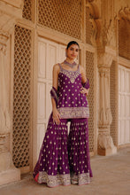 Load image into Gallery viewer, Shahbano - Deep Purple Kurta Set with Garara &amp; Dupatta
