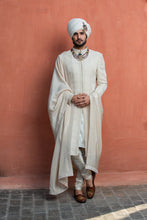 Load image into Gallery viewer, IVORY GEOMETRIC EMBROIDERED ACHKAN WITH MONGA KURT AND CHURIDAR
