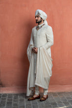 Load image into Gallery viewer, IVORY GEOMETRIC EMBROIDERED ACHKAN WITH MONGA KURT AND CHURIDAR
