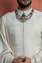 Load image into Gallery viewer, IVORY GEOMETRIC EMBROIDERED ACHKAN WITH MONGA KURT AND CHURIDAR
