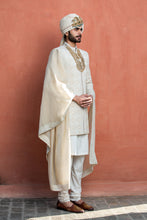 Load image into Gallery viewer, BEIGE MONGA EMBROIDERED ACHKAN WITH KURTA AND CHURIDAR
