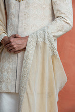 Load image into Gallery viewer, BEIGE MONGA EMBROIDERED ACHKAN WITH KURTA AND CHURIDAR
