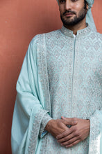 Load image into Gallery viewer, AQUA BLUE DUPION SILK EMBROIDERED ACHKAN WITH MONGA KURTA AND PANT
