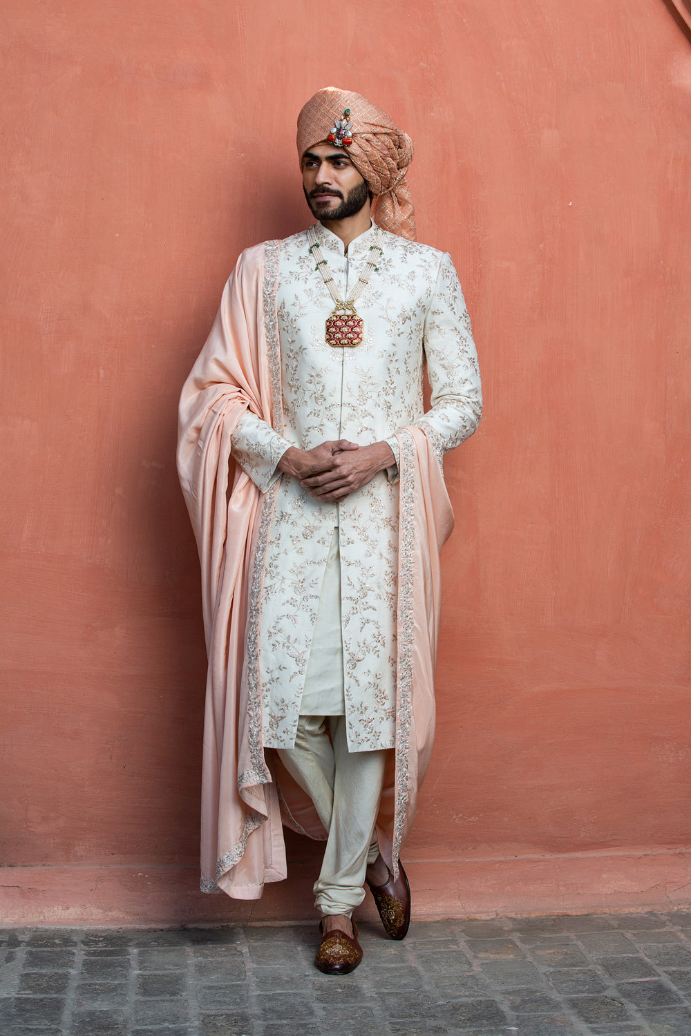 IVORY RAW SILK EMBROIDERED SHERWANI WITH MONGA TASSAR SILK KURTA AND CHURIDAR