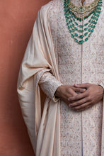 Load image into Gallery viewer, NUDE TAFETTA SILK EMBROIDERED SHERWANI WITH KURTA AND CHURIDAR
