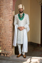 Load image into Gallery viewer, IVORY TAFETTA ACHKAN AND BELT ALL OVER EMBROIDERED WITH MONGA KURTA AND CHURIDAR
