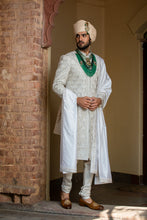 Load image into Gallery viewer, IVORY TAFETTA ACHKAN AND BELT ALL OVER EMBROIDERED WITH MONGA KURTA AND CHURIDAR
