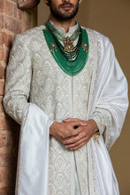 Load image into Gallery viewer, IVORY TAFETTA ACHKAN AND BELT ALL OVER EMBROIDERED WITH MONGA KURTA AND CHURIDAR
