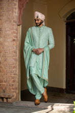 Load image into Gallery viewer, MINT GREEN MONGA EMBROIDERY ACHKAN WITH KURTA AND PANTS
