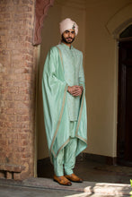 Load image into Gallery viewer, MINT GREEN MONGA EMBROIDERY ACHKAN WITH KURTA AND PANTS
