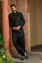 Load image into Gallery viewer, BLACK  KURTA SALWAR WITH RAW SILK ALL OVER EMBROIDERED  NEHRU JACKET
