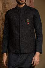 Load image into Gallery viewer, BLACK  KURTA SALWAR WITH RAW SILK ALL OVER EMBROIDERED  NEHRU JACKET
