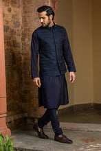 Load image into Gallery viewer, NAVY BLUE KURTA CHURIDAR WITH RAW SILK ALL OVER EMBROIDERED NEHRU JACKET
