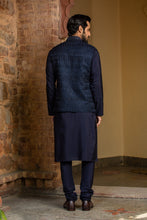 Load image into Gallery viewer, NAVY BLUE KURTA CHURIDAR WITH RAW SILK ALL OVER EMBROIDERED NEHRU JACKET
