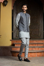 Load image into Gallery viewer, STEEL GREY KURTA AND PANT WITH ALL OVER EMBROIDERED RAW SILK NEHRU JACKET
