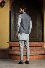 Load image into Gallery viewer, STEEL GREY KURTA AND PANT WITH ALL OVER EMBROIDERED RAW SILK NEHRU JACKET
