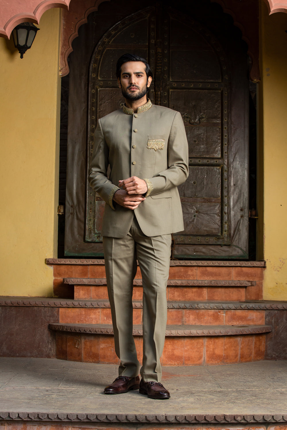 OLIVE GREEN JODHPURI SUIT ZARDOZI EMBROIDERED