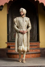 Load image into Gallery viewer, GOLD TWILL MATKA ACHKAN WITH BELT ZARDOZI EMBROIDERED WITH MONGA GATHERED KURTA AND CHURIDAR
