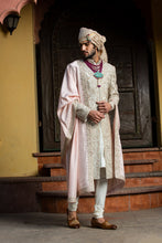 Load image into Gallery viewer, IVORY TAFETTA ACHKAN  ALL OVER EMBROIDERED WITH MONGA KURTA AND CHURIDAR
