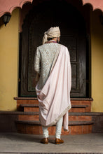 Load image into Gallery viewer, IVORY TAFETTA ACHKAN  ALL OVER EMBROIDERED WITH MONGA KURTA AND CHURIDAR
