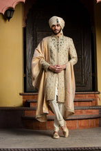 Load image into Gallery viewer, BEIGE ALL OVER  EMBROIDERED ACHKAN WITH MONGA KURTA AND CHURIDAR
