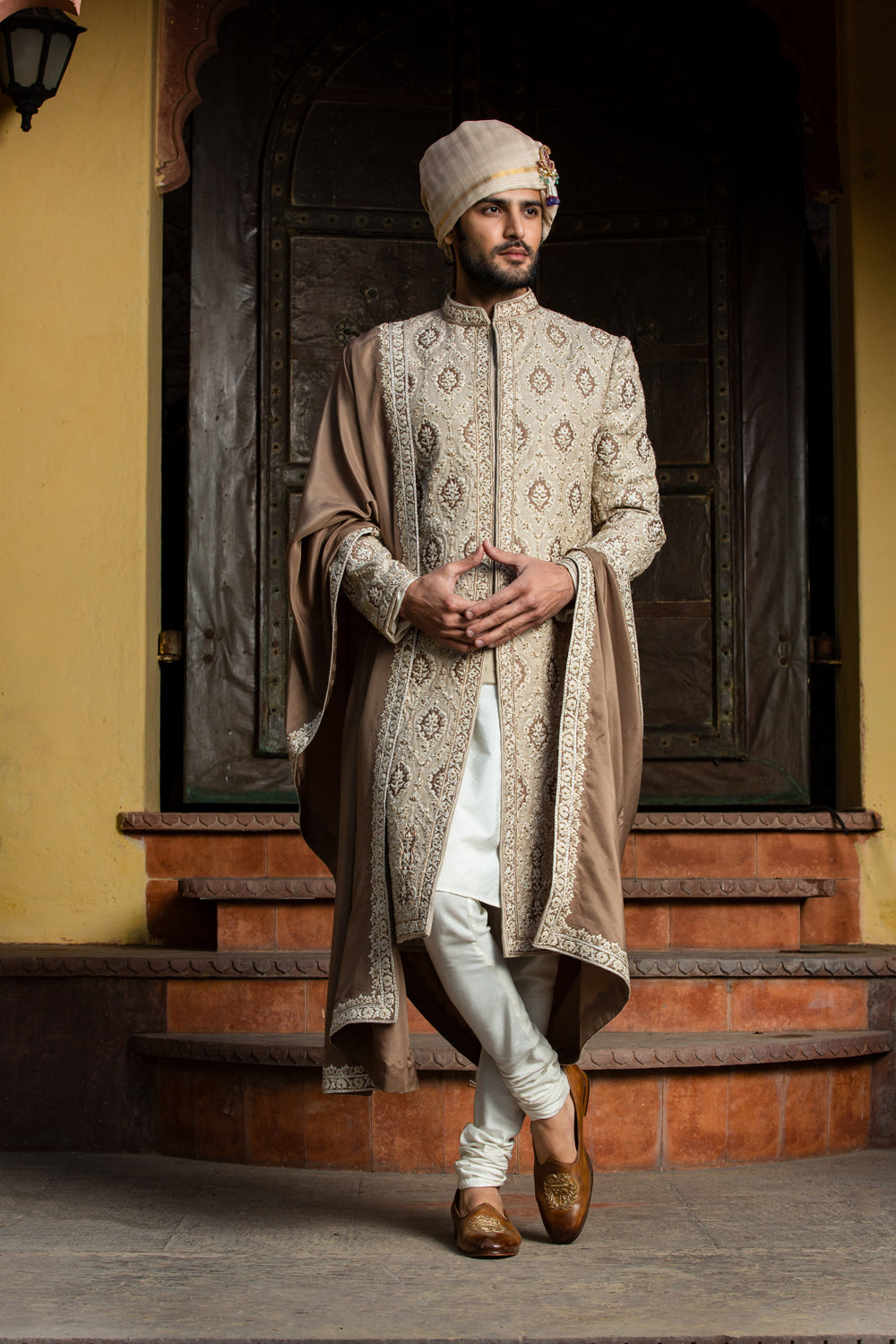 BEIGE BROWN RAW SILK PATCHWORK  EMBROIDERED ACHKAN WITH MONGA KURTA AND CHURIDAR