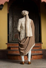 Load image into Gallery viewer, BEIGE BROWN RAW SILK PATCHWORK  EMBROIDERED ACHKAN WITH MONGA KURTA AND CHURIDAR
