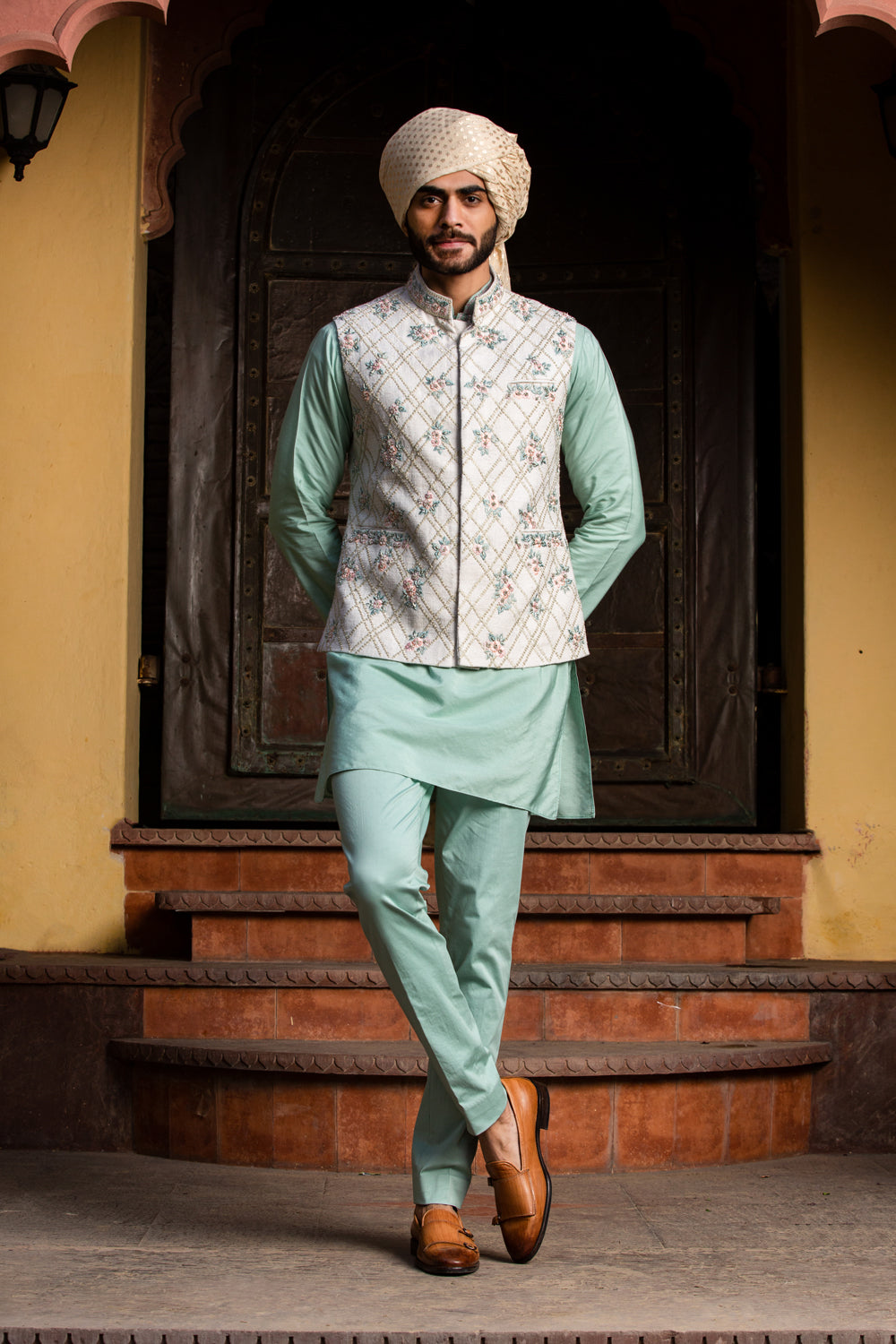 CREAM MATKA EMBROIDERED JACKET WITH MINT GREEN KURTA AND PANTS