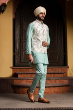 Load image into Gallery viewer, CREAM MATKA EMBROIDERED JACKET WITH MINT GREEN KURTA AND PANTS
