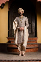 Load image into Gallery viewer, COFFEE RAW SILK ACHKAN WITH BELT AND MONGA+CHURIDAR
