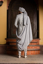 Load image into Gallery viewer, GREY DUPION SILK APPLIQUE  EMBROIDERED ACHKAN AND BELT WITH MONGA KURTA AND CHURIDAR
