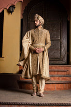 Load image into Gallery viewer, GOLD RAW SILK ANTIQUE EMBROIDERED ACHKAN WITH BELT AND KURTA+CHURIDAR
