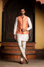 Load image into Gallery viewer, ORANGE RAW SILK EMBROIDERED  NEHRU JACKET WITH KURTA AND PANT
