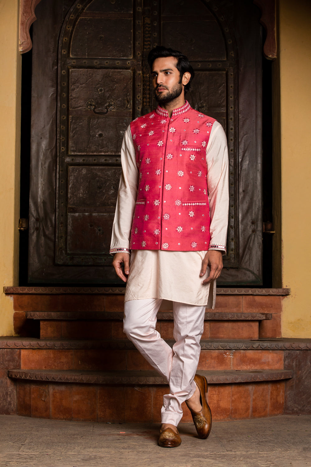 BLUSH  KURTA TROUSER WITH  CORAL EMBROIDERED RAW SILK  JACKET