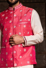 Load image into Gallery viewer, BLUSH  KURTA TROUSER WITH  CORAL EMBROIDERED RAW SILK  JACKET
