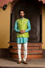 Load image into Gallery viewer, TURQ KURTA WITH LIME RAW SILK JACKET AND  PANT
