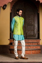 Load image into Gallery viewer, TURQ KURTA WITH LIME RAW SILK JACKET AND  PANT
