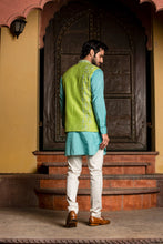 Load image into Gallery viewer, TURQ KURTA WITH LIME RAW SILK JACKET AND  PANT
