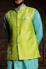 Load image into Gallery viewer, TURQ KURTA WITH LIME RAW SILK JACKET AND  PANT
