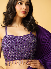 Load image into Gallery viewer, Violet crepe saree with hand embroidered sleeveless blouse
