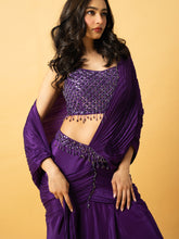 Load image into Gallery viewer, Violet crepe saree with hand embroidered sleeveless blouse
