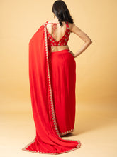 Load image into Gallery viewer, Red modal satin saree with hand embroidered sleeveless blouse
